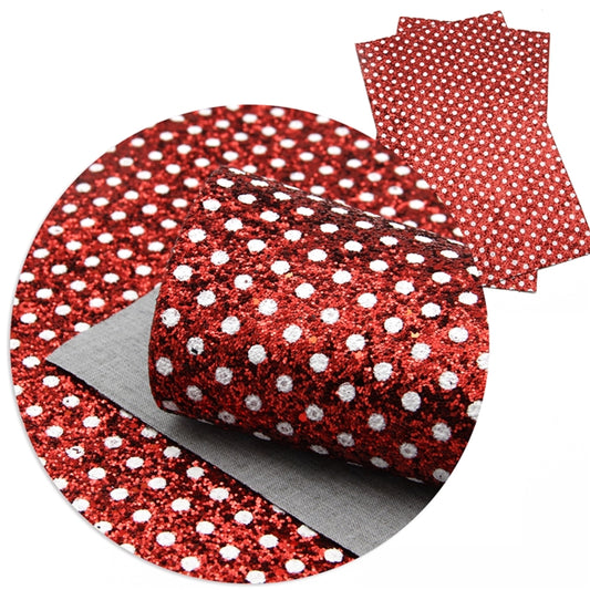 Red Polka Dot Chunky Glitter Faux Leather Fabric Sheets