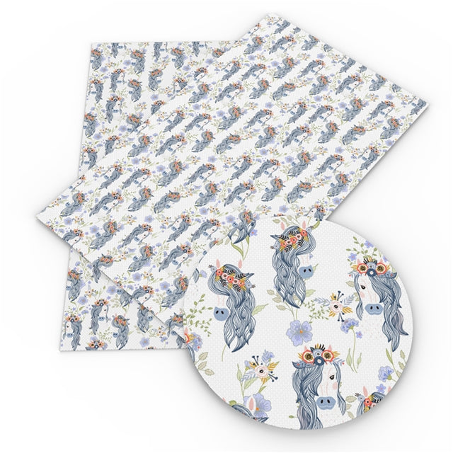 Blue Floral Horse Faux Leather Fabric Sheets