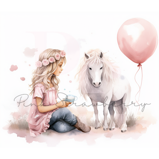 Floral Girl Sitting With Pony