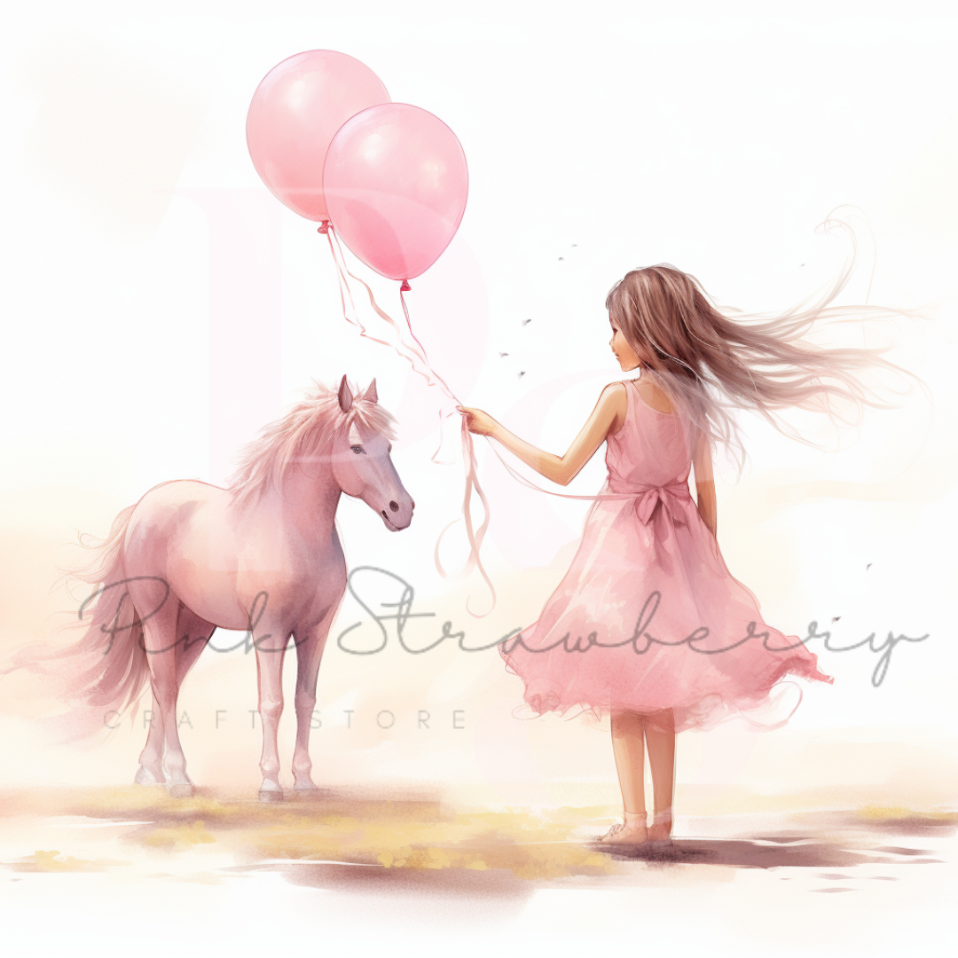 Girl Holding Balloons With Pink Pony