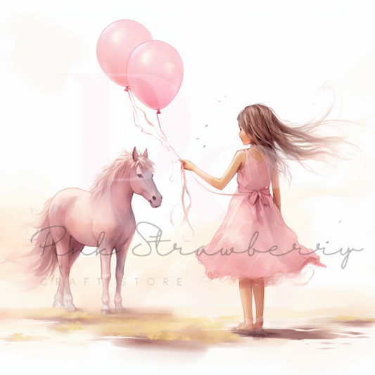 Girl Holding Balloons With Pink Pony