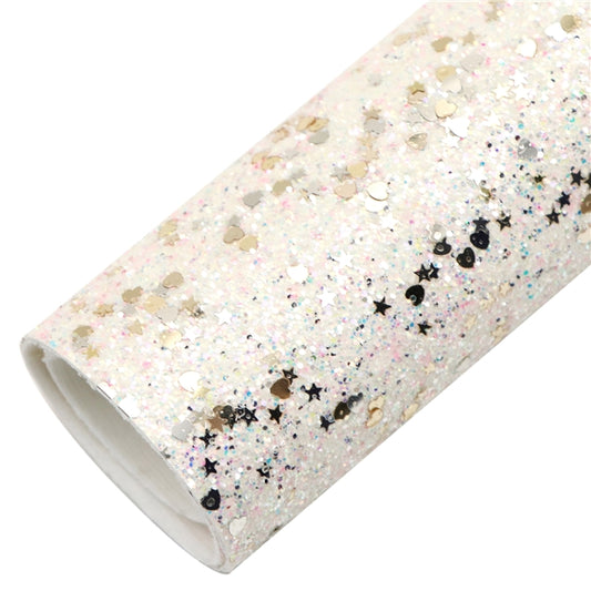 White Stardust Chunky Glitter Faux Leather Fabric Sheets