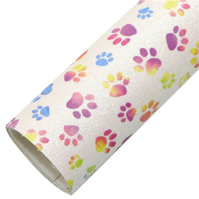 Rainbow Paw Prints Fine Glitter Faux Leather Fabric Sheets