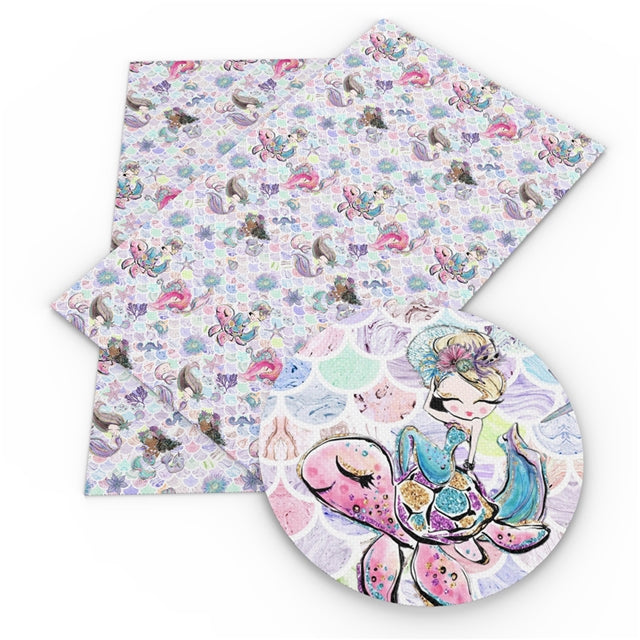 Mermaid & Pink Turtle Faux Leather Fabric Sheets