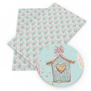 Heart Bird Houses Faux Leather Fabric Sheets