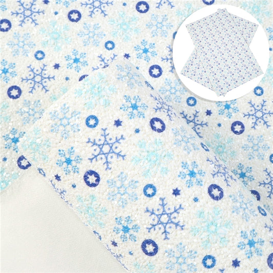 Blue Snowflake Chunky Glitter Faux Leather Fabric Sheets