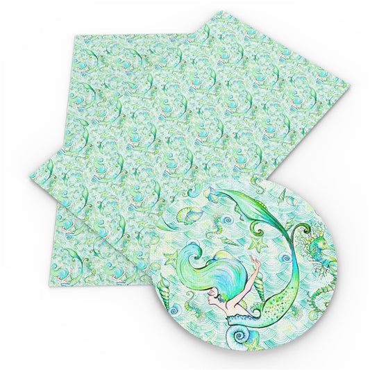 Tropical Green Mermaid Faux Leather Fabric Sheets