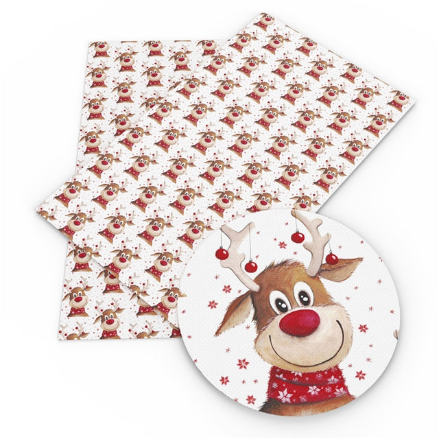 Red Nose Reindeer Faux Leather Fabric Sheets