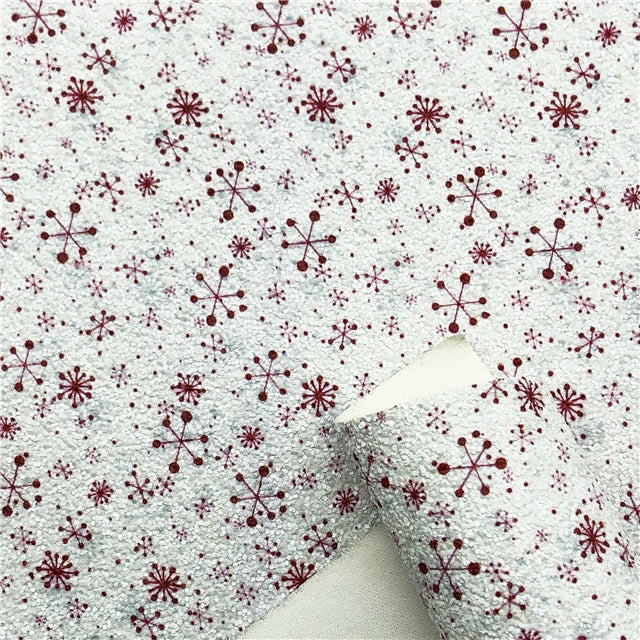 Red Snowflake Chunky Glitter Faux Leather Fabric Sheets