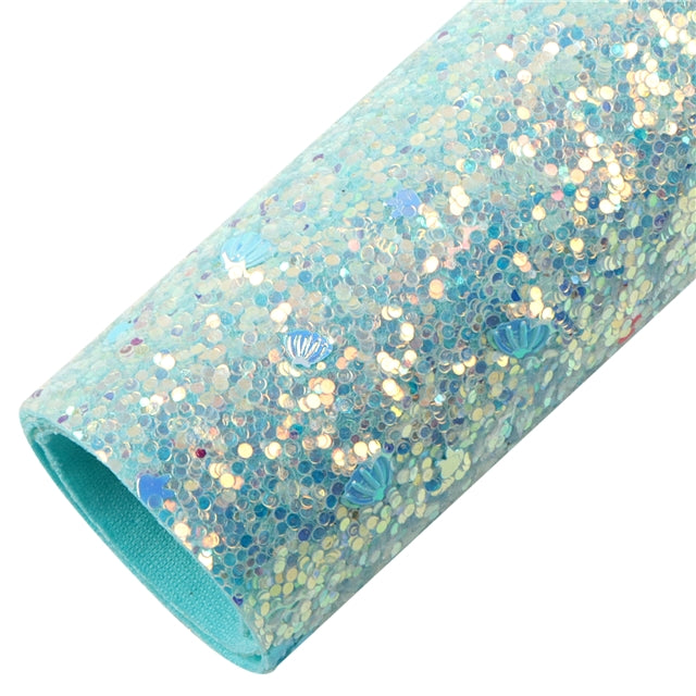 Sea Shell Blue Chunky Glitter Faux Fabric Leather Sheets