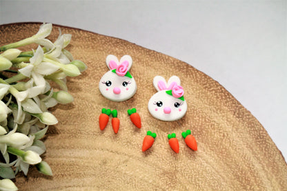 Bunny With Hanging Carrots Flat Back Clay Embellishment