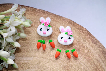 Bunny With Hanging Carrots Flat Back Clay Embellishment