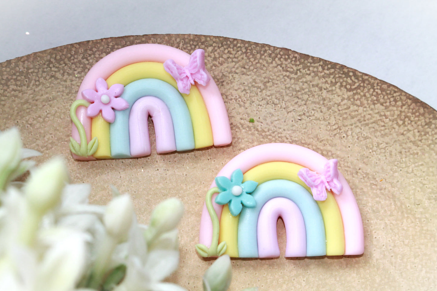 Rainbow with Butterfly Flat Back Clay Embellishment