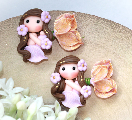 Mermaid Brown Hair and Gold Tail Flat Back Clay Embellishment