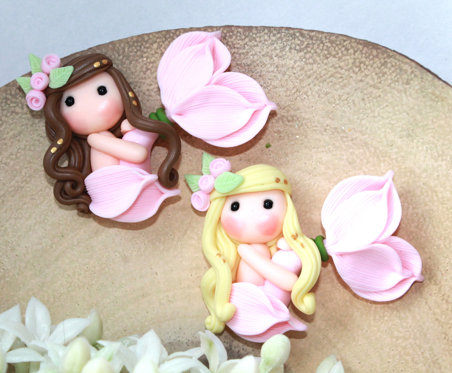 Cute Mermaids With Pink Tails Flat Back Clay Embellishment