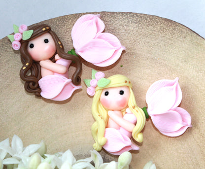 Cute Mermaids With Pink Tails Flat Back Clay Embellishment