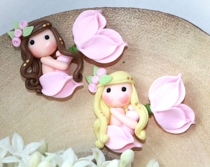 Cute Mermaids With Pink Tails Flat Back Clay Embellishment