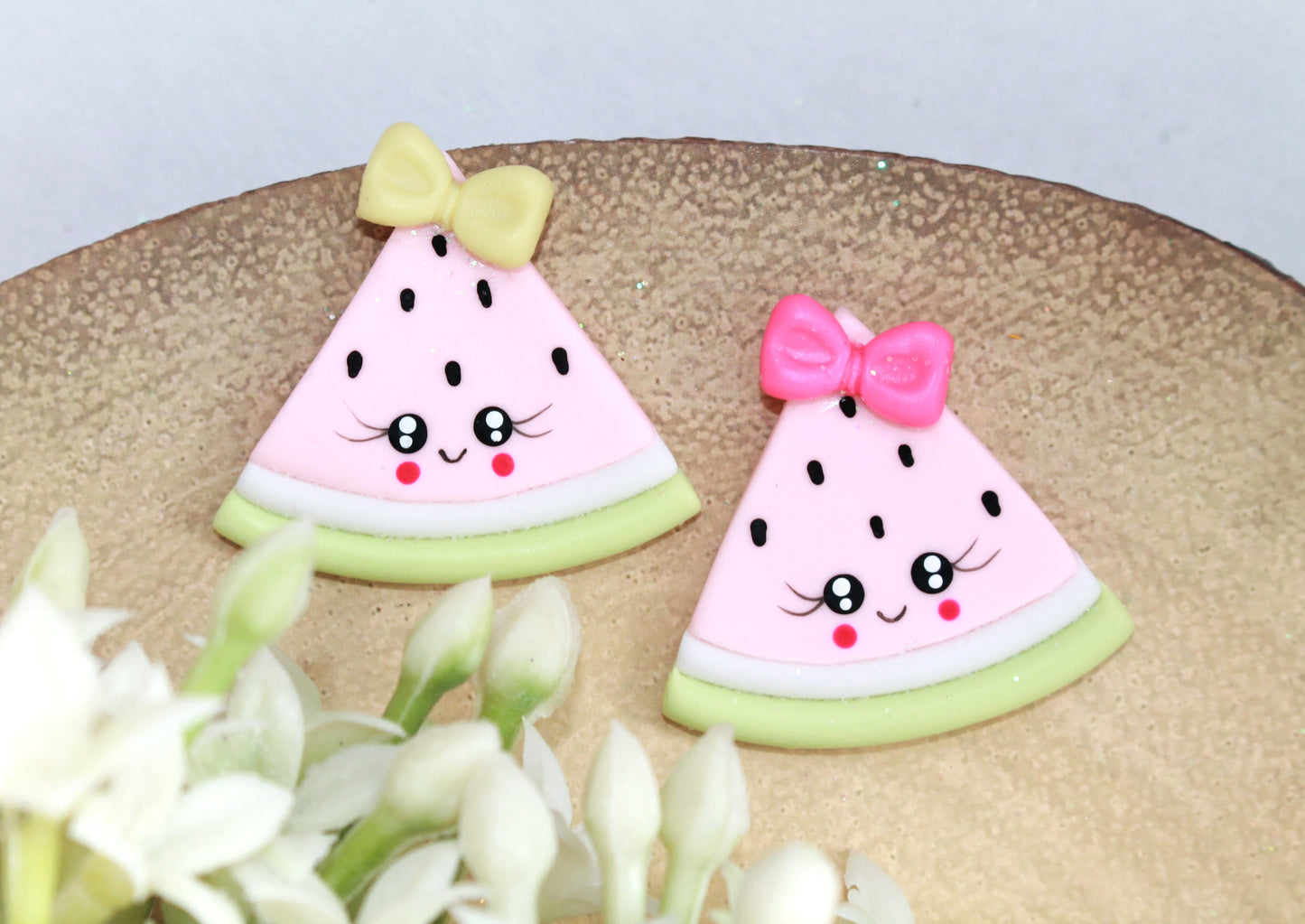 Happy Watermelons With Bows Flat Back Clay Embellishment