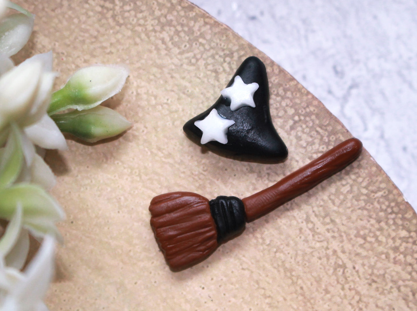 Witch Hat + Broom Set Flat Back Clay Embellishment