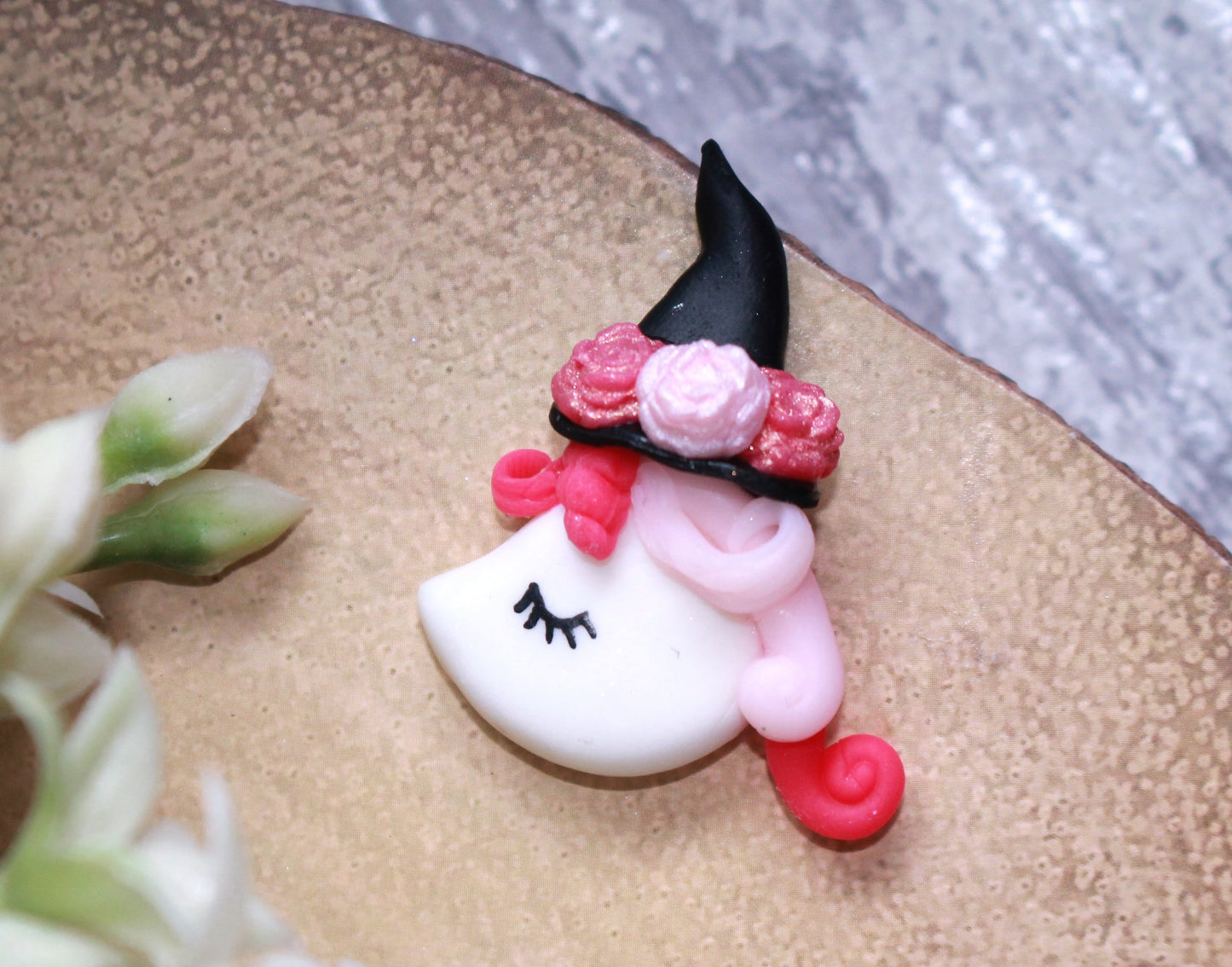 Pink Floral Witch Unicorn Flat Back Clay Embellishment