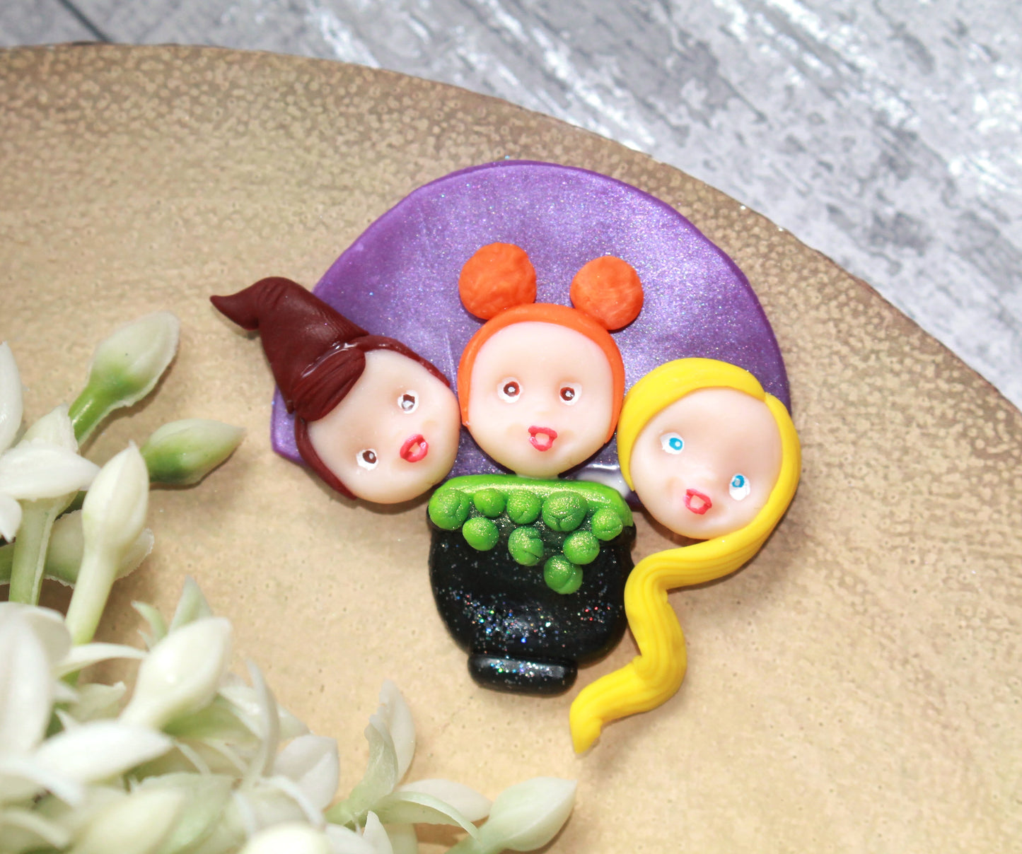 Witch Sister With Cauldron Flat Back Clay Embellishment