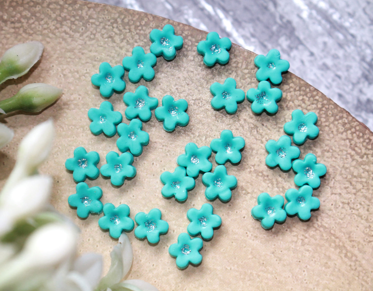 Turquoise Sparkle Flower Flat Back Clay Embellishment