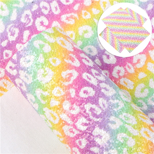 Rainbow Leopard Print Chunky Glitter Faux Leather Fabric Sheets