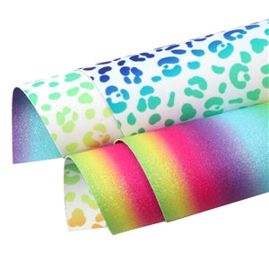 Double Sided Rainbow Leopard Print Faux Leather Fabric Sheets