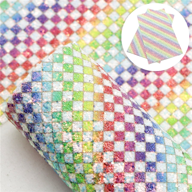 Rainbow Checked Chunky Glitter Faux Leather Fabric Sheets