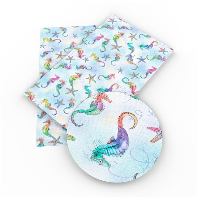 Rainbow Seahorse Faux Leather Fabric Sheets