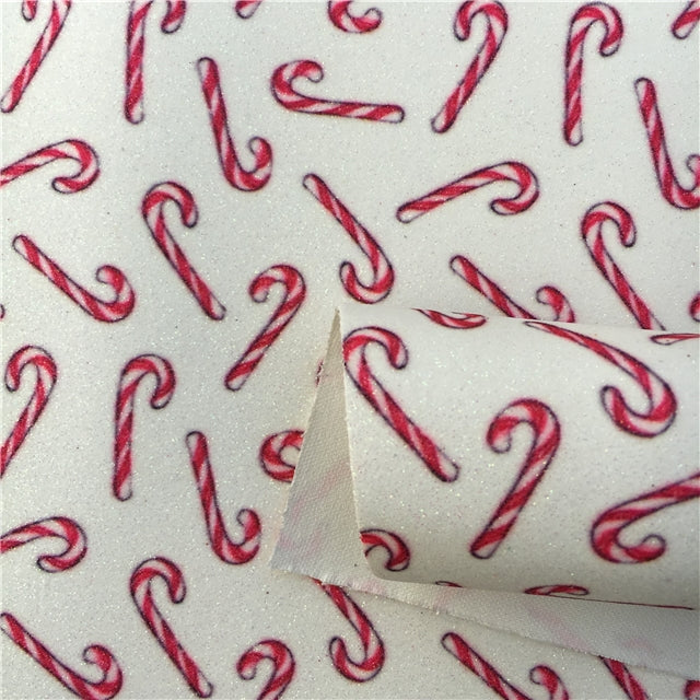 Fine Glitter Candy Canes Faux Leather Fabric Sheets