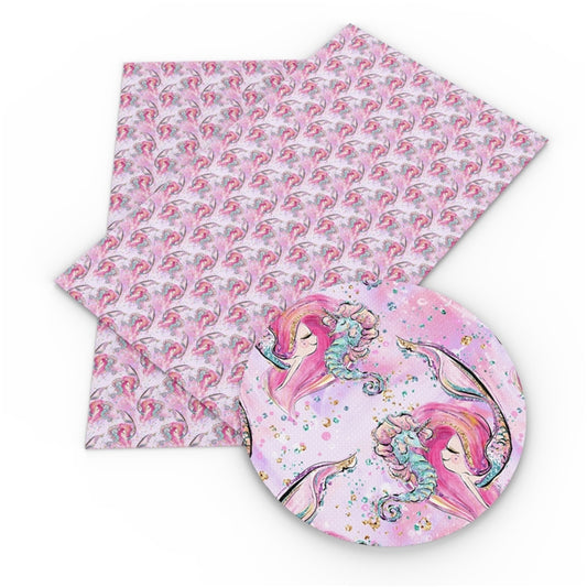 Pink Seahorse & Mermaid Faux Leather Fabric Sheets