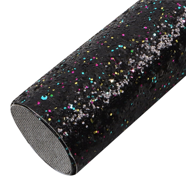 Multicoloured Black Chunky Glitter Faux Leather Fabric Sheets